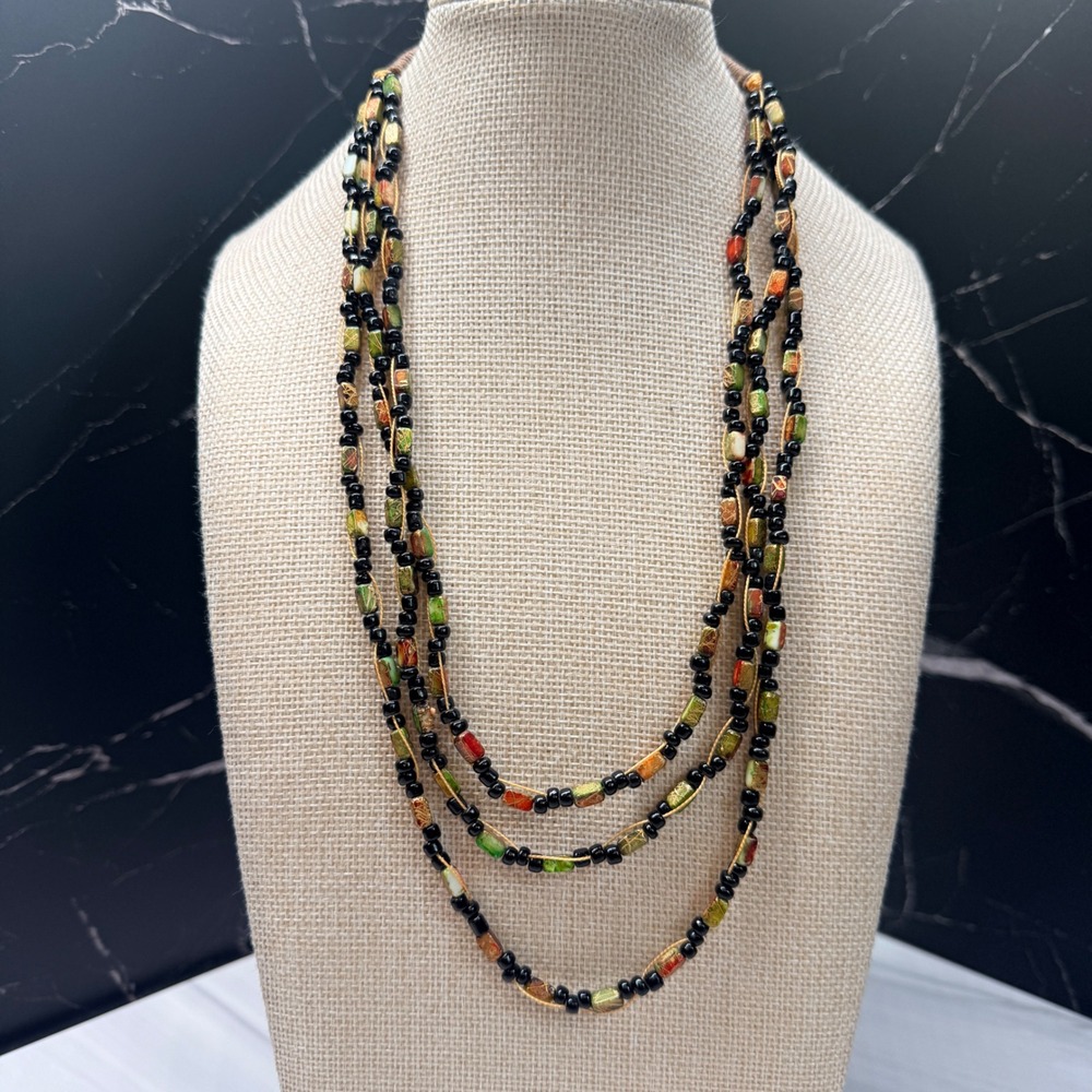 Boho Multi Strand Beaded Necklace Black Green Rust Gold Leaf Button Closure 23in